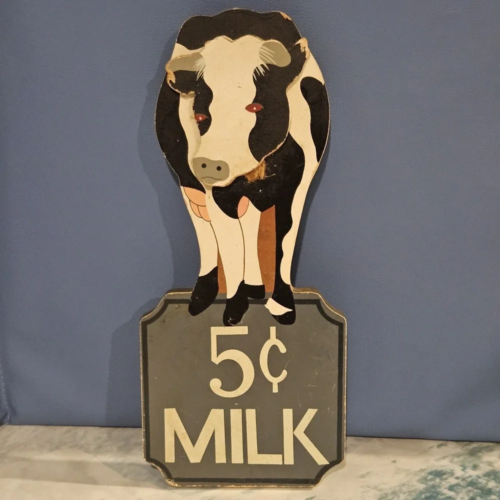 Vintage 5¢ Milk Cow Wooden Wall Sign Farmhouse Kitchen Dairy Decor